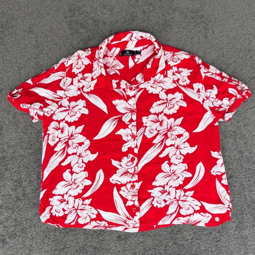 Volcom Red White Tropical Floral‎ Hibiscus Button Down Shirt XS B0511904